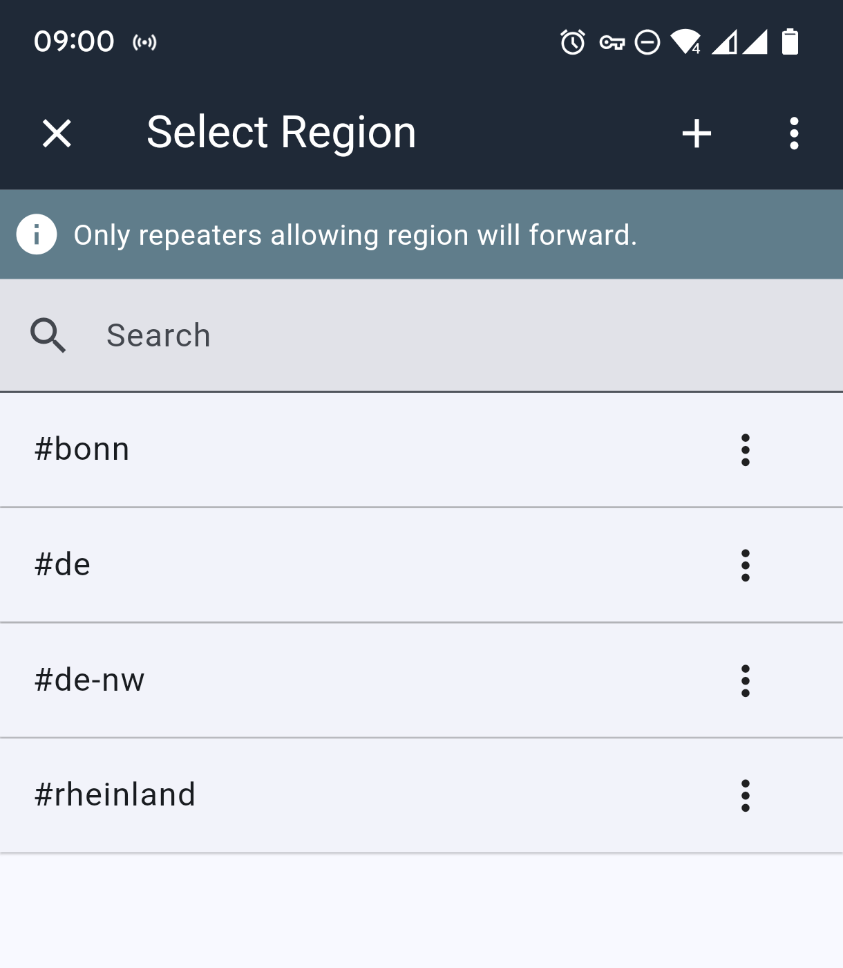MeshCore App Regionen-Liste